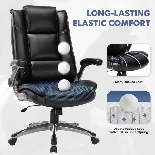 Alt view image 4 of 7 - Leather High Back Executive Office Chair Home Computer Desk Chair with Padded Flip-Up Arms, Adjustable Tilt Lock, Swivel Rolling, for Adult Work & Study, Black