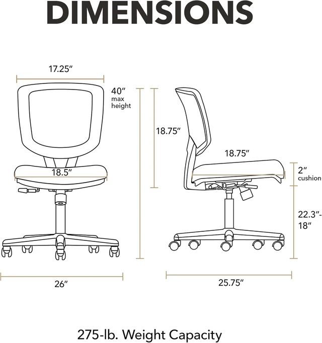 Alt view image 2 of 7 - Volt Ergonomic Office Chair, Armless Office Desk Computer Chair, Black
