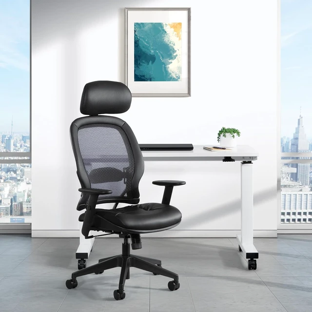 Alt view image 2 of 7 - Executive Chair with Adjustable Headrest Professional AirGrid Back & Padded Black Eco Leather Seat, 2-to-1 Synchro Tilt Control, Adjustable Arms, Tilt Tension & Nylon Base