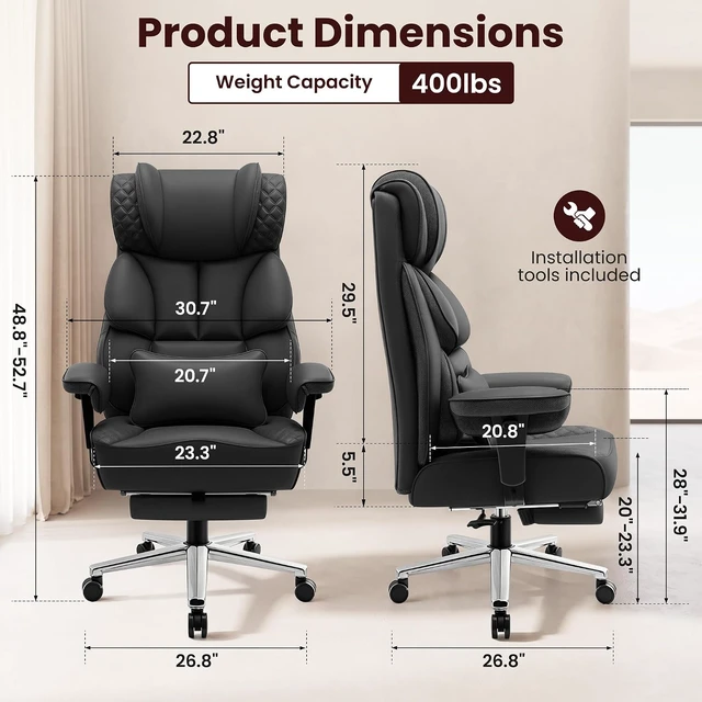 Alt view image 2 of 7 - 400 lbs Big & Tall Office Chair with Footrest Heavy Duty Executive Desk Chair with Lumbar Support, Adjustable Armrests, High-Back Ergonomic Design for Home Office