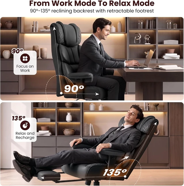Alt view image 3 of 7 - 400 lbs Big & Tall Office Chair with Footrest Heavy Duty Executive Desk Chair with Lumbar Support, Adjustable Armrests, High-Back Ergonomic Design for Home Office