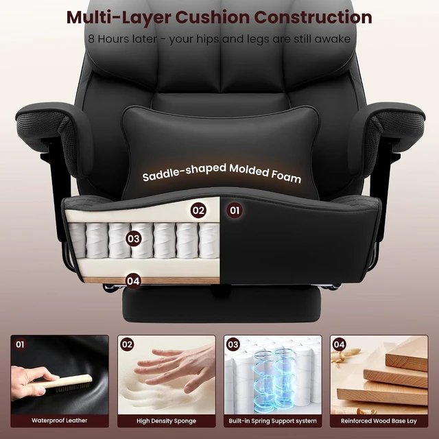 Alt view image 5 of 7 - 400 lbs Big & Tall Office Chair with Footrest Heavy Duty Executive Desk Chair with Lumbar Support, Adjustable Armrests, High-Back Ergonomic Design for Home Office
