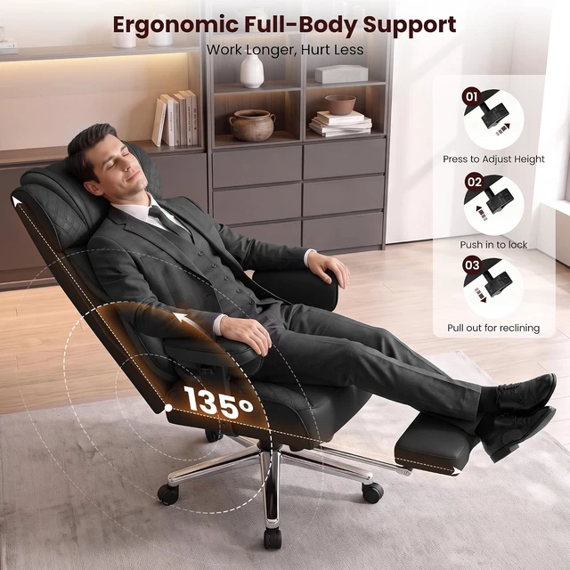 Alt view image 6 of 7 - 400 lbs Big & Tall Office Chair with Footrest Heavy Duty Executive Desk Chair with Lumbar Support, Adjustable Armrests, High-Back Ergonomic Design for Home Office