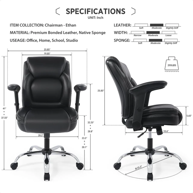 Alt view image 3 of 7 - Heavy Duty Ergonomic Mid-Back Bonded Leather Office Chair Adjustable Height/Tilt, Comfortable Swivel Task Stool with Functional Arms, Black
