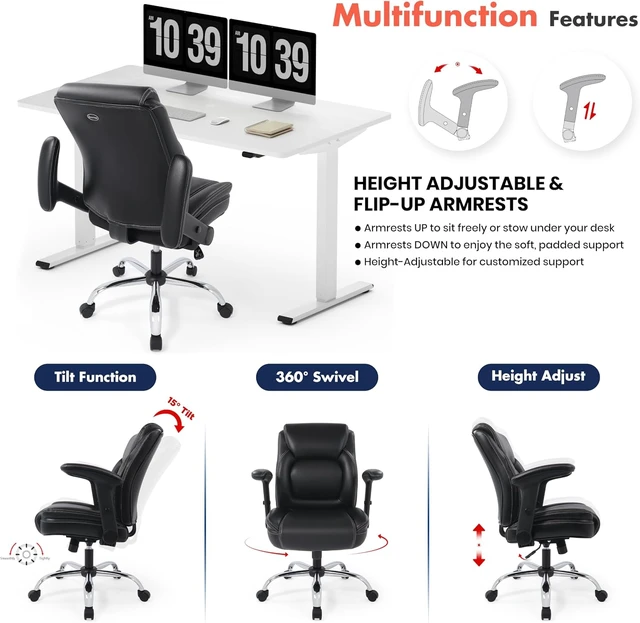 Alt view image 4 of 7 - Heavy Duty Ergonomic Mid-Back Bonded Leather Office Chair Adjustable Height/Tilt, Comfortable Swivel Task Stool with Functional Arms, Black