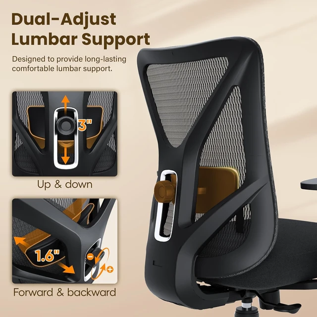 Alt view image 5 of 7 - BIFMA X5.1 Certified Ergonomic Mesh Office Chair Adjustable Lumbar Support, 3D Arm, Tilt Back & Wide Seat for Company & Home (Onyx Black)