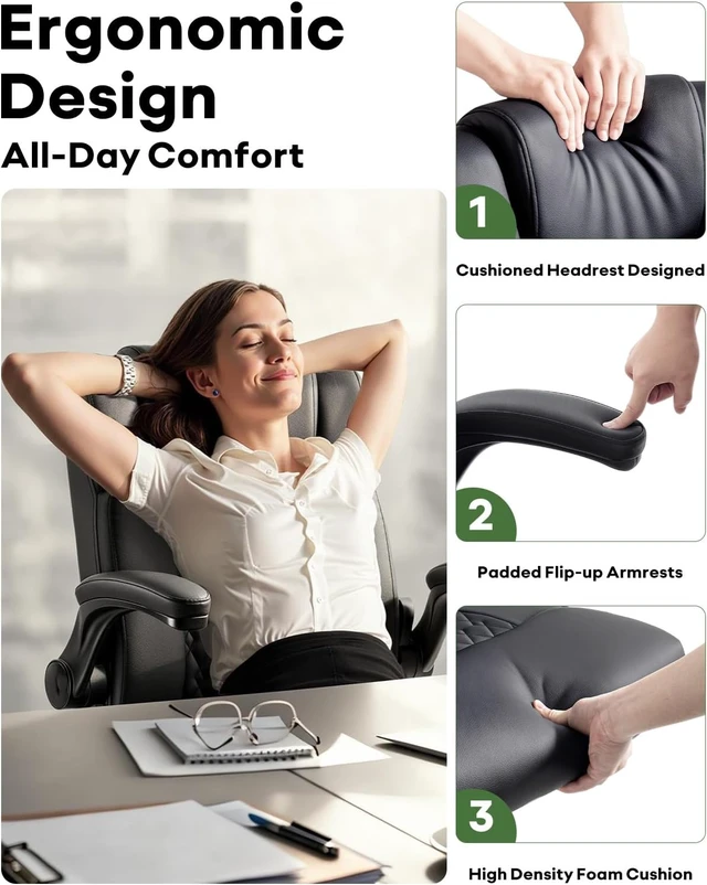 Alt view image 5 of 7 - Ergonomic Executive Office Chair Home Office Desk Chair with Lumbar Support & Flip-Up Armrest, PU Leather Computer Seating for Short People, Black