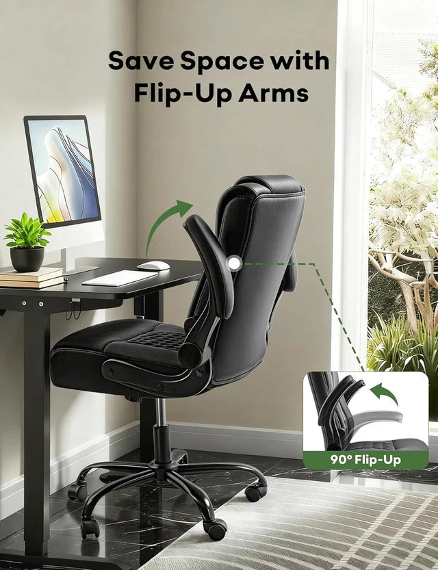Alt view image 6 of 7 - Ergonomic Executive Office Chair Home Office Desk Chair with Lumbar Support & Flip-Up Armrest, PU Leather Computer Seating for Short People, Black