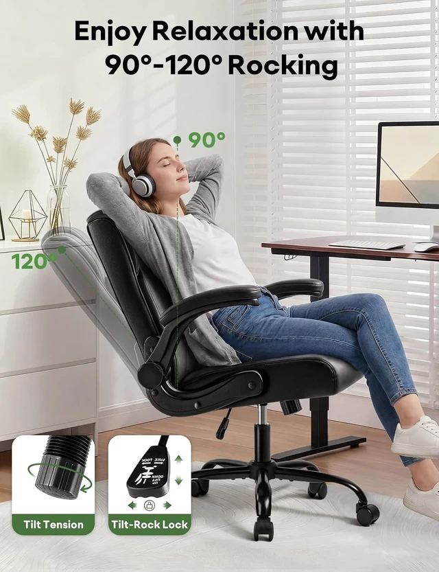 Alt view image 7 of 7 - Ergonomic Executive Office Chair Home Office Desk Chair with Lumbar Support & Flip-Up Armrest, PU Leather Computer Seating for Short People, Black