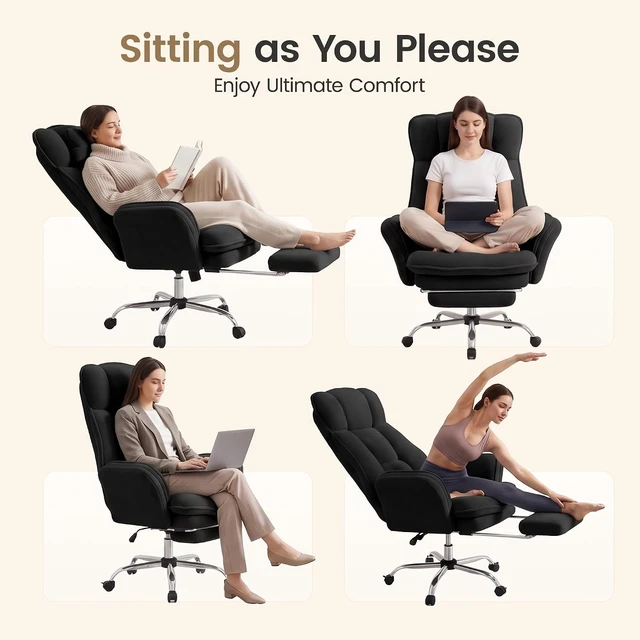 Alt view image 3 of 7 - Cross Legged Office Chair with Flip Armrests 135° Reclining Big & Tall Executive Chair with Footrest, Sink-In Cloud Cushion, Black Velvet