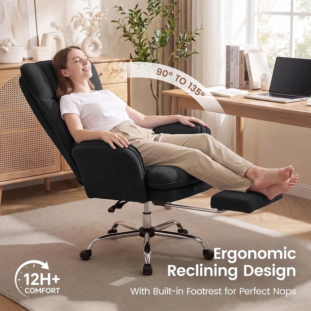 Alt view image 4 of 7 - Cross Legged Office Chair with Flip Armrests 135° Reclining Big & Tall Executive Chair with Footrest, Sink-In Cloud Cushion, Black Velvet
