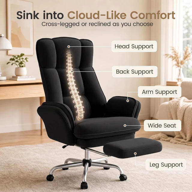 Alt view image 5 of 7 - Cross Legged Office Chair with Flip Armrests 135° Reclining Big & Tall Executive Chair with Footrest, Sink-In Cloud Cushion, Black Velvet