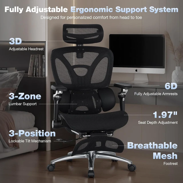 Alt view image 4 of 7 - Ergonomic Office Chair 400lbs High Back Mesh Desk Chair with 6D Armrests, 3D Headrest, Adjustable Lumbar Support, Seat Depth Adjustment, Tilt Lock, Metal Base & PU Wheels, Black