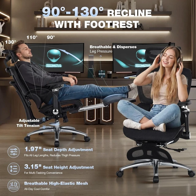 Alt view image 5 of 7 - Ergonomic Office Chair 400lbs High Back Mesh Desk Chair with 6D Armrests, 3D Headrest, Adjustable Lumbar Support, Seat Depth Adjustment, Tilt Lock, Metal Base & PU Wheels, Black