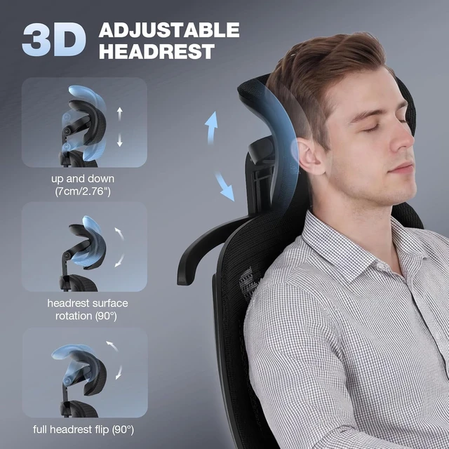 Alt view image 6 of 7 - Ergonomic Office Chair 400lbs High Back Mesh Desk Chair with 6D Armrests, 3D Headrest, Adjustable Lumbar Support, Seat Depth Adjustment, Tilt Lock, Metal Base & PU Wheels, Black