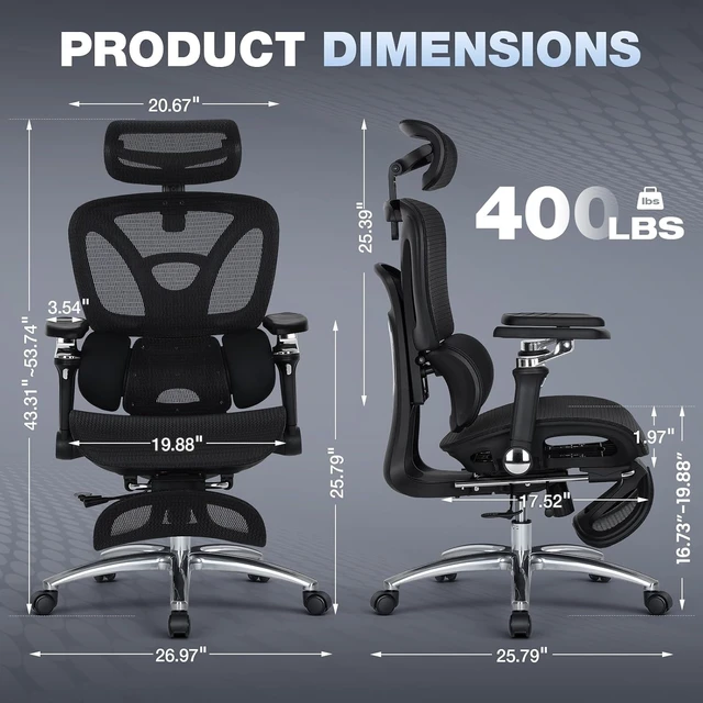 Alt view image 3 of 7 - Ergonomic Office Chair 400lbs High Back Mesh Desk Chair with 6D Armrests, 3D Headrest, Adjustable Lumbar Support, Seat Depth Adjustment, Tilt Lock, Metal Base & PU Wheels, Black