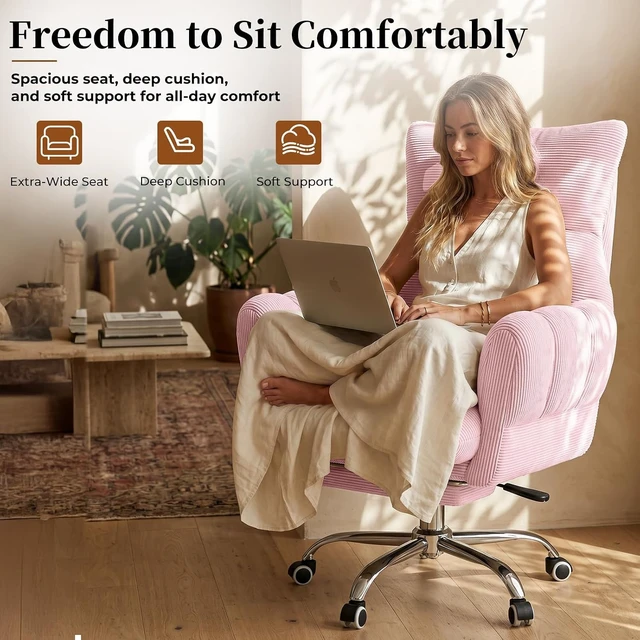 Alt view image 3 of 7 - Cross Legged Office Chair Cloud Desk Chair with Flip-Up Armrests, Foot Rest, Wide Seat, Comfy Executive Design, Pink