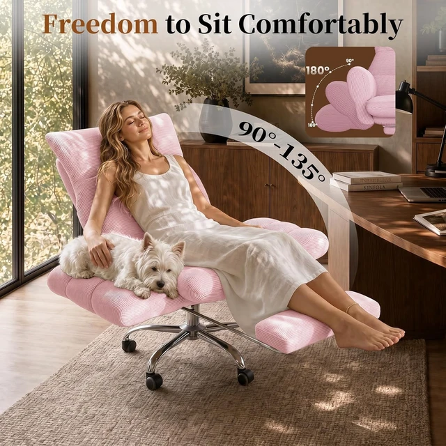 Alt view image 4 of 7 - Cross Legged Office Chair Cloud Desk Chair with Flip-Up Armrests, Foot Rest, Wide Seat, Comfy Executive Design, Pink