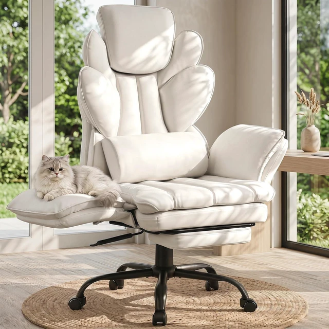 Main image of Criss Cross Office Chair with Flip Armrests Reclining Cross Legged Desk Chair with Foot Rest, Adjustable Headrest & Massage Waist Pillow, Big & Tall Wide Vanity Seat, White PU Leather