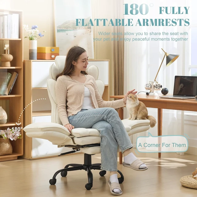 Alt view image 3 of 7 - Criss Cross Office Chair with Flip Armrests Reclining Cross Legged Desk Chair with Foot Rest, Adjustable Headrest & Massage Waist Pillow, Big & Tall Wide Vanity Seat, White PU Leather