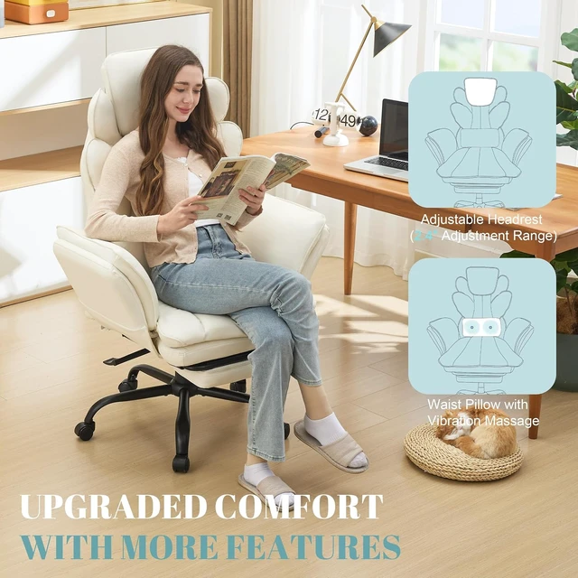 Alt view image 4 of 7 - Criss Cross Office Chair with Flip Armrests Reclining Cross Legged Desk Chair with Foot Rest, Adjustable Headrest & Massage Waist Pillow, Big & Tall Wide Vanity Seat, White PU Leather