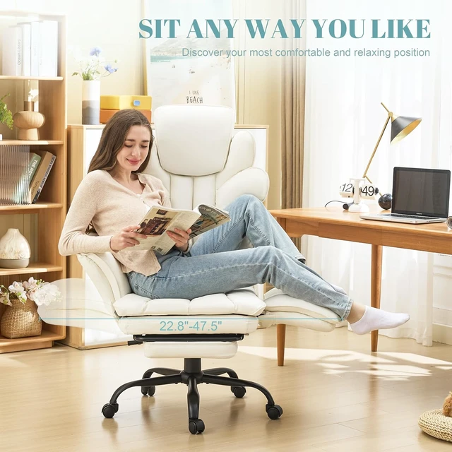 Alt view image 7 of 7 - Criss Cross Office Chair with Flip Armrests Reclining Cross Legged Desk Chair with Foot Rest, Adjustable Headrest & Massage Waist Pillow, Big & Tall Wide Vanity Seat, White PU Leather