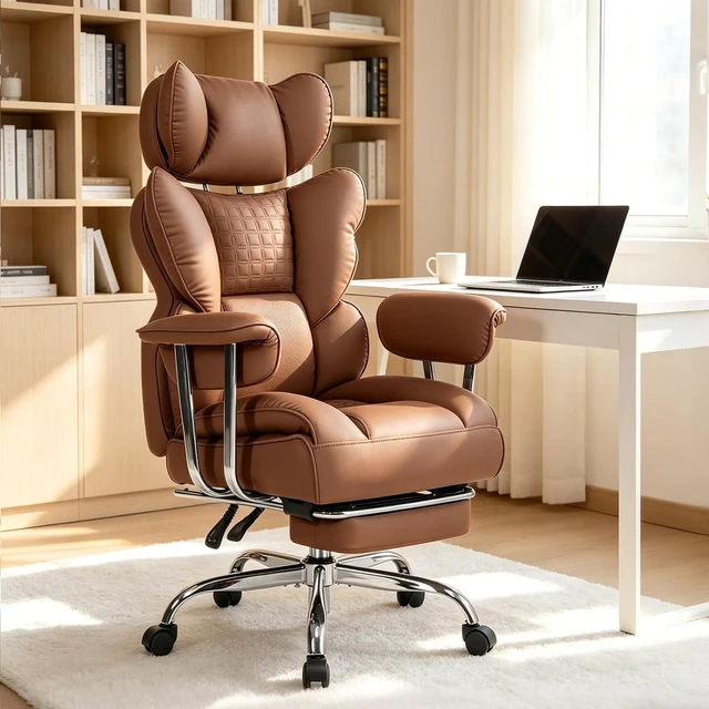 Main image of 350 LBS Big & Tall Office Chair Scratch-Resistant PU Leather Executive Desk Chair with Footrest, Pocket Spring Support, Ergonomic Reclining Design, Brown