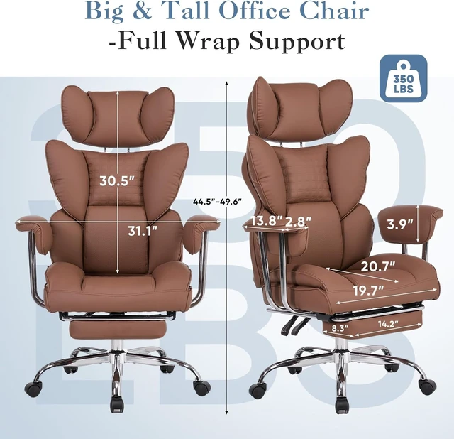 Alt view image 2 of 6 - 350 LBS Big & Tall Office Chair Scratch-Resistant PU Leather Executive Desk Chair with Footrest, Pocket Spring Support, Ergonomic Reclining Design, Brown