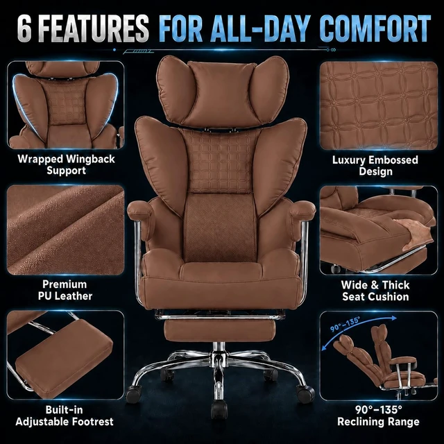 Alt view image 3 of 6 - 350 LBS Big & Tall Office Chair Scratch-Resistant PU Leather Executive Desk Chair with Footrest, Pocket Spring Support, Ergonomic Reclining Design, Brown