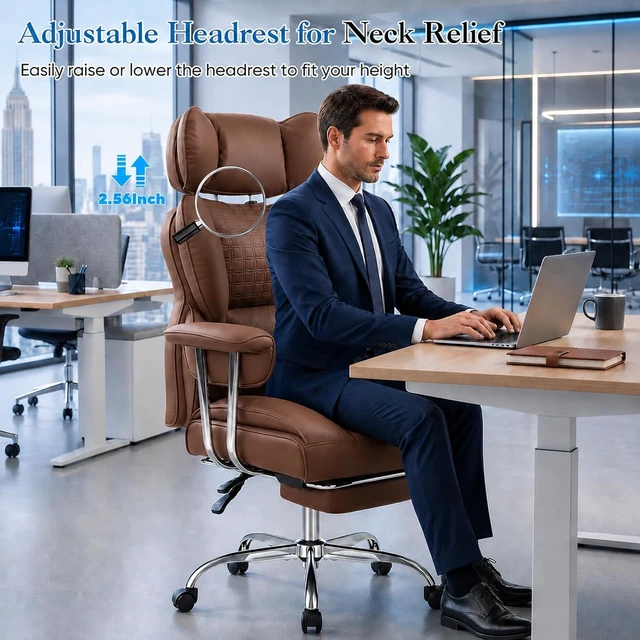 Alt view image 6 of 6 - 350 LBS Big & Tall Office Chair Scratch-Resistant PU Leather Executive Desk Chair with Footrest, Pocket Spring Support, Ergonomic Reclining Design, Brown