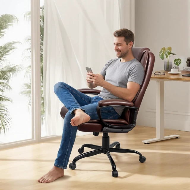 Alt view image 4 of 7 - High Back Ergonomic Office Chair Home Office Desk Chair with Lumbar Support, 360° Swivel, Adjustable Big & Tall Design, PU Leather, Brown