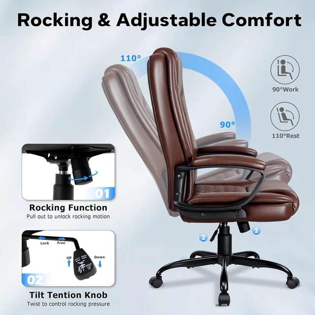 Alt view image 6 of 7 - High Back Ergonomic Office Chair Home Office Desk Chair with Lumbar Support, 360° Swivel, Adjustable Big & Tall Design, PU Leather, Brown