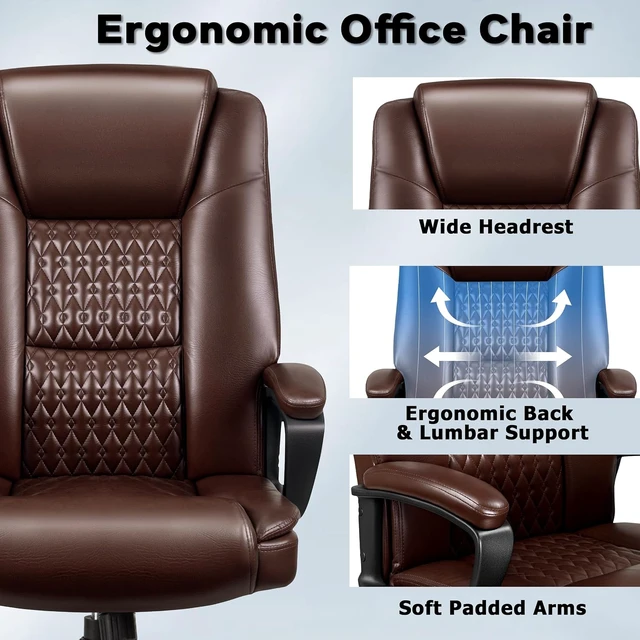 Alt view image 7 of 7 - High Back Ergonomic Office Chair Home Office Desk Chair with Lumbar Support, 360° Swivel, Adjustable Big & Tall Design, PU Leather, Brown