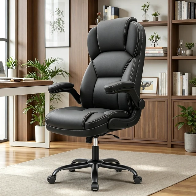 Main image of PU Leather Office Desk Chair with Flip-Up Armrests, Black