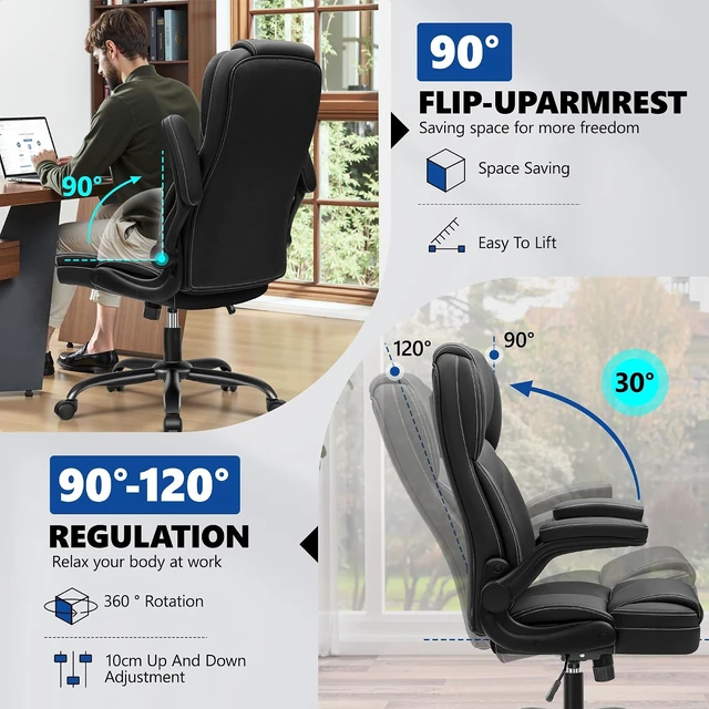 Alt view image 6 of 7 - PU Leather Office Desk Chair with Flip-Up Armrests, Black