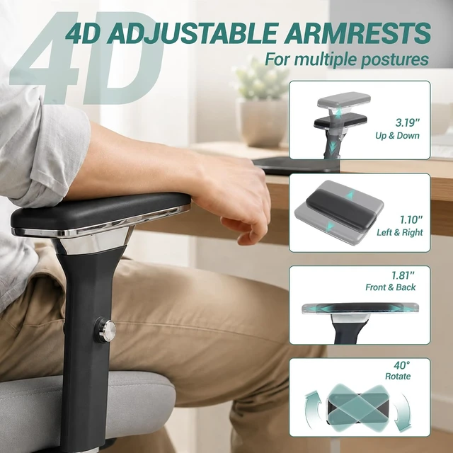 Alt view image 4 of 7 - Ergonomic 450LBS Mesh Office Chair with 4D Armrests
