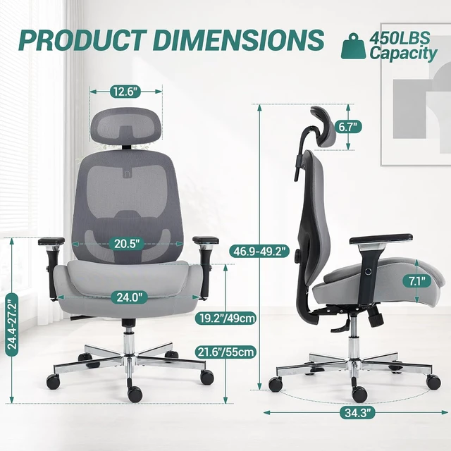 Alt view image 3 of 7 - Ergonomic 450LBS Mesh Office Chair with 4D Armrests