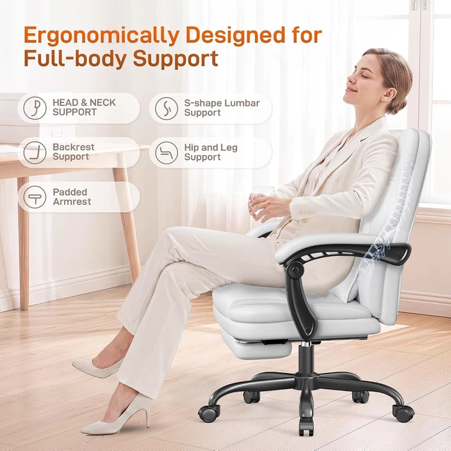 Alt view image 3 of 7 - Ergonomic Office Chair with Foot Rest, 300 lbs Executive Leather Desk Chair