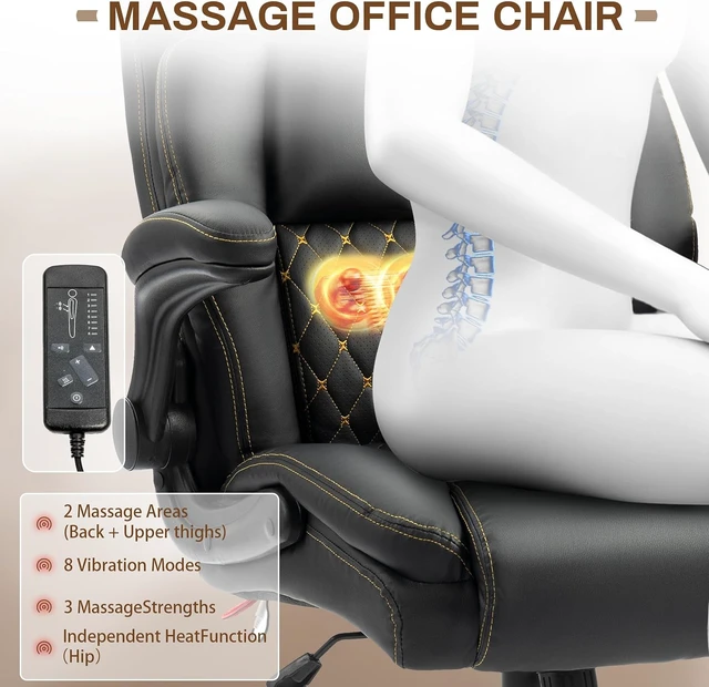 Alt view image 5 of 7 - 500LBS Massage Office Chair Ergonomic Rocking Executive Desk Chair with 4 Points Vibration & Heat, Padded Flip-Up Armrests, Swivel, Black