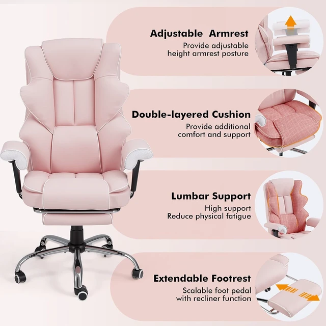 Alt view image 4 of 7 - Heated Massage Executive Office Chair with Foot Rest, Pink