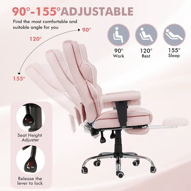 Alt view image 6 of 7 - Heated Massage Executive Office Chair with Foot Rest, Pink