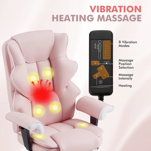 Alt view image 7 of 7 - Heated Massage Executive Office Chair with Foot Rest, Pink
