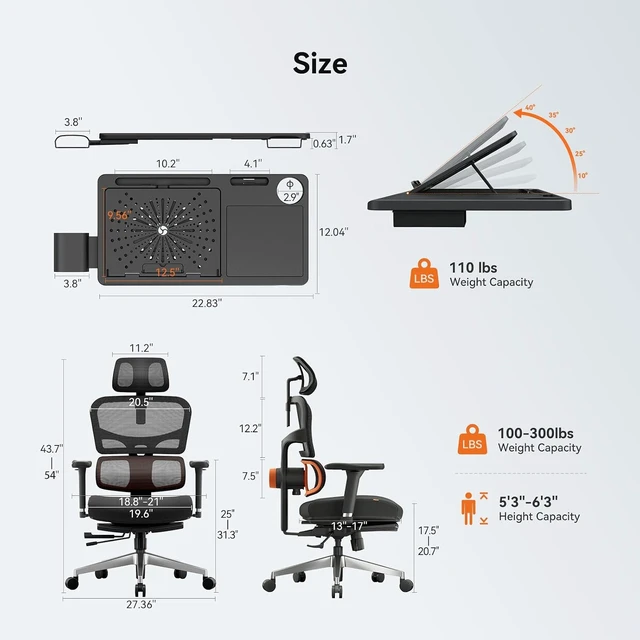 Alt view image 3 of 7 - Ergonomic Office Chair Home Office Desk Chair with Auto-Following Lumbar Support, 4D Armrest, Seat Depth & Height Adjustable (Black, Footrest + Laptop Tray)