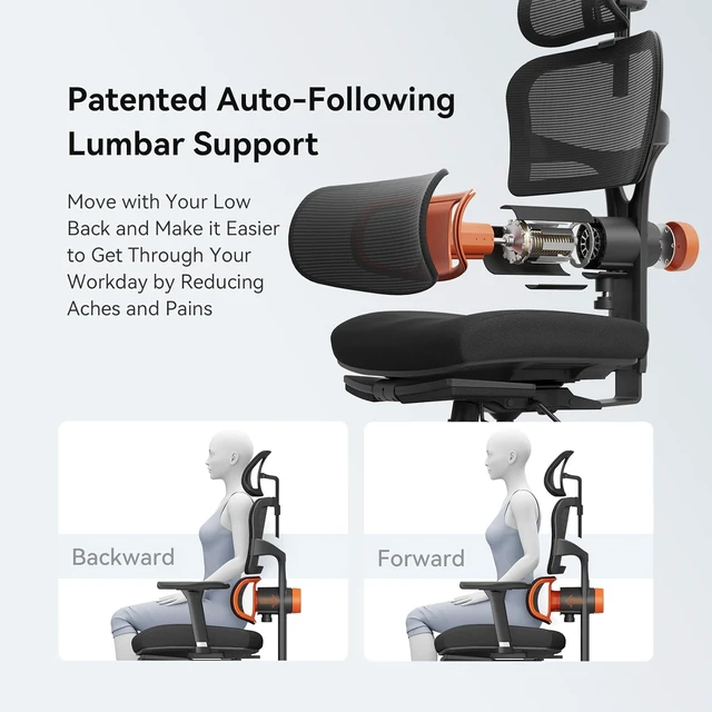 Alt view image 4 of 7 - Ergonomic Office Chair Home Office Desk Chair with Auto-Following Lumbar Support, 4D Armrest, Seat Depth & Height Adjustable (Black, Footrest + Laptop Tray)