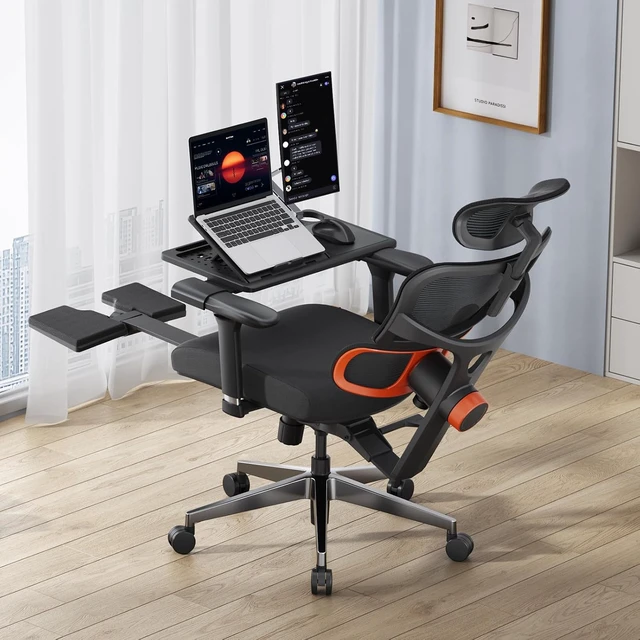 Alt view image 2 of 7 - Ergonomic Office Chair Home Office Desk Chair with Auto-Following Lumbar Support, 4D Armrest, Seat Depth & Height Adjustable (Black, Footrest + Laptop Tray)
