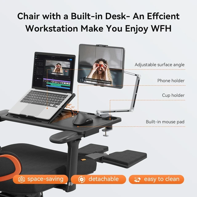 Alt view image 5 of 7 - Ergonomic Office Chair Home Office Desk Chair with Auto-Following Lumbar Support, 4D Armrest, Seat Depth & Height Adjustable (Black, Footrest + Laptop Tray)