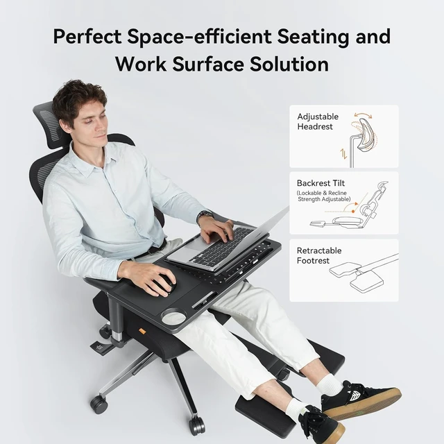 Alt view image 6 of 7 - Ergonomic Office Chair Home Office Desk Chair with Auto-Following Lumbar Support, 4D Armrest, Seat Depth & Height Adjustable (Black, Footrest + Laptop Tray)