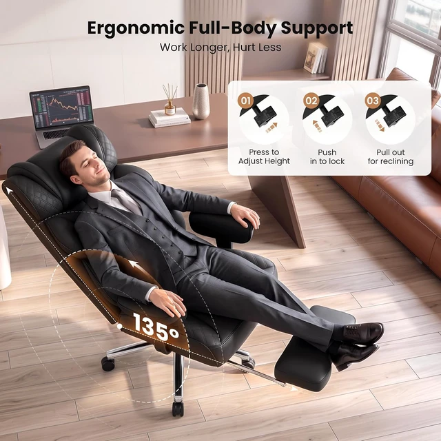 Alt view image 5 of 7 - Big & Tall Office Chair with Retractable Footrest, Comfortable Desk Chair