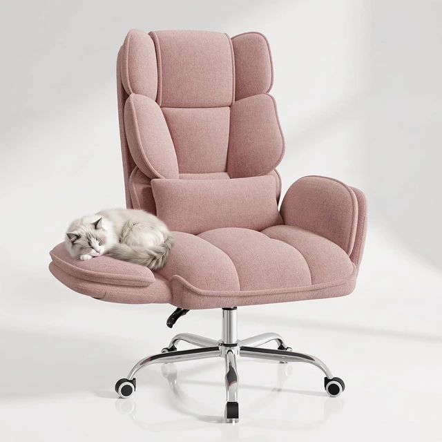 Alt view image 4 of 7 - Big & Tall Office Chair with Flip Armrests & Side Pockets Comfy Criss Cross Chair with Extra-Wide Plush Seat, 150° Reclining, Chenille Upholstery, Pink