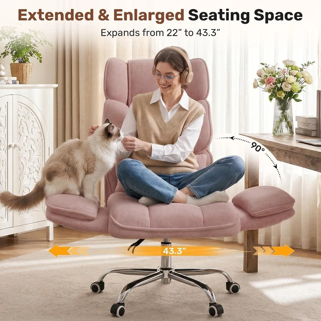 Alt view image 5 of 7 - Big & Tall Office Chair with Flip Armrests & Side Pockets Comfy Criss Cross Chair with Extra-Wide Plush Seat, 150° Reclining, Chenille Upholstery, Pink